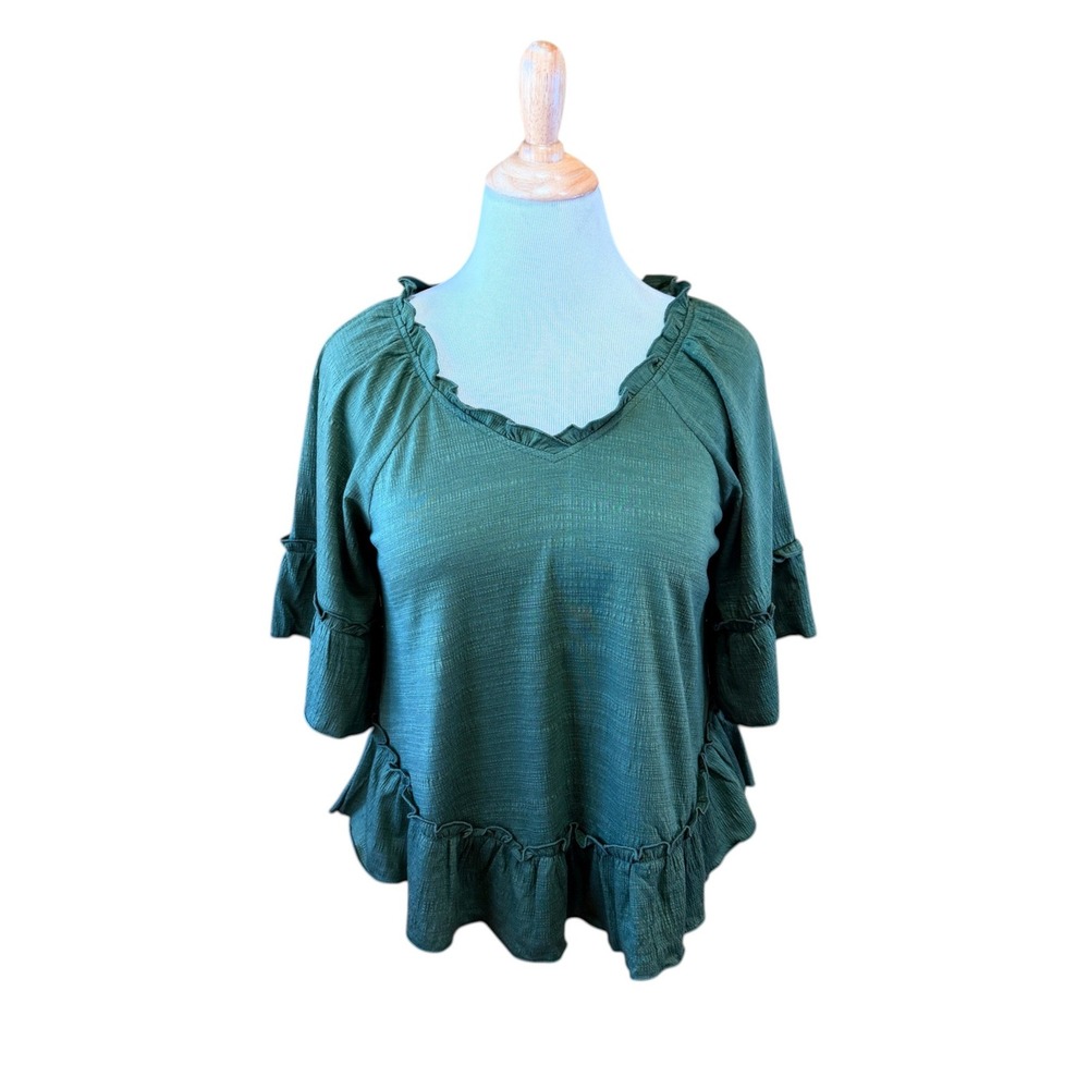 Boho Dark Green Ruffle V-Neck Textured Peplum Top Short Flutter Sleeve Large
